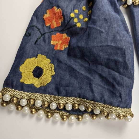 Boston Proper Blue Chambray Embroidered Beaded Ruffle Mini Dress - Picture 5 of 9